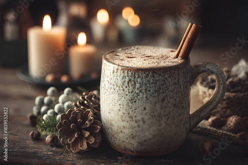 Wallpaper Mural Warm spiced beverage in a rustic mug with festive winter decorations and soft candlelight Torontodigital.ca