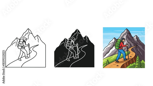 Hiking illustration set with three variations outline, silhouette and full color