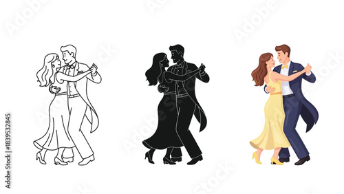Illustration of a couple dancing in three styles outline, silhouette and color