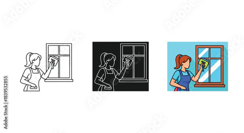 Illustration of a woman cleaning a window in three styles outline, silhouette and colored