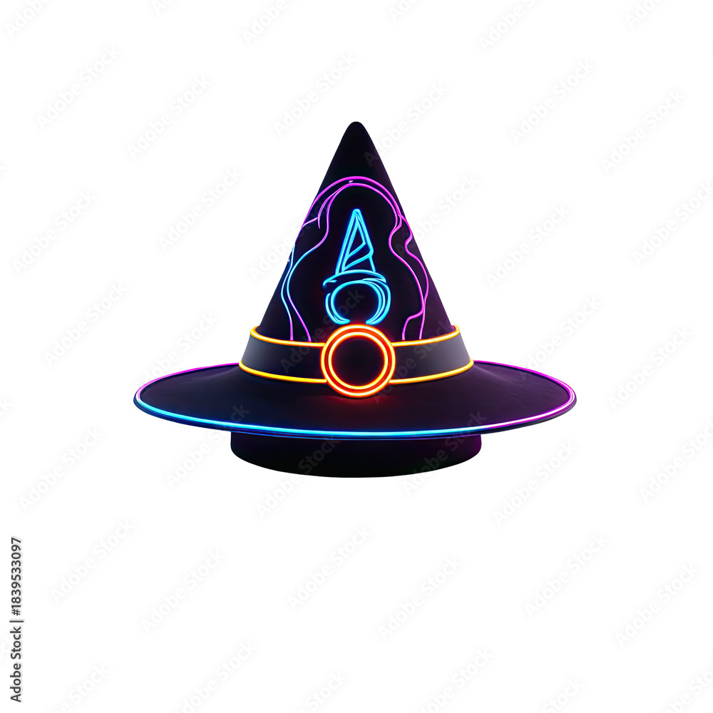 Fototapeta premium Witch hat with a neon outline. Halloween concept, isolated on black background