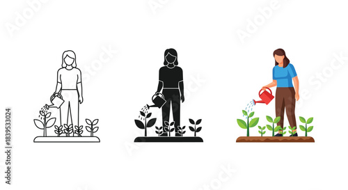 Illustration of a person watering plants in three styles outline, silhouette and colored