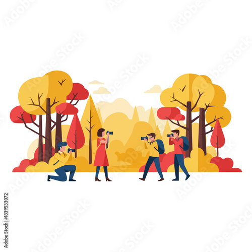 Group of nature photographers exploring an autumn forest, capturing vibrant fall foliage and scenic beauty with cameras and binoculars