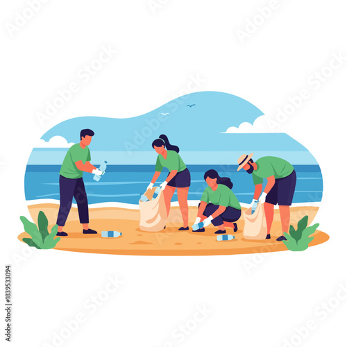Volunteers diligently working together to clean up a beautiful beach, collecting plastic waste and trash to protect marine life and promote a healthier ocean environment