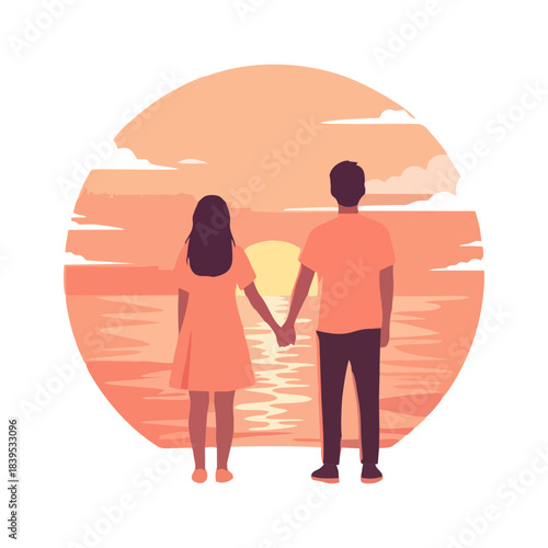 Romantic couple holding hands, gazing at a breathtaking sunset over the ocean, symbolizing love, serenity, and shared moments of peace and beauty