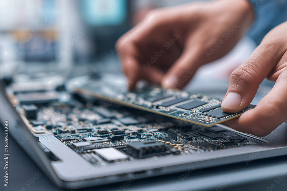 Fototapeta premium A technician is replacing a SO-DIMM RAM module in an open laptop on a table.