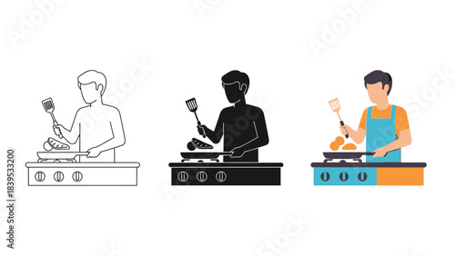 Illustration of a person cooking at a stove in three styles outline, silhouette and colored