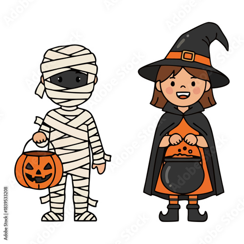 Cute cartoon children in Halloween costumes, a mummy with a pumpkin bucket and a witch with a cauldron. Vector illustration of kids for festive spooky season fun