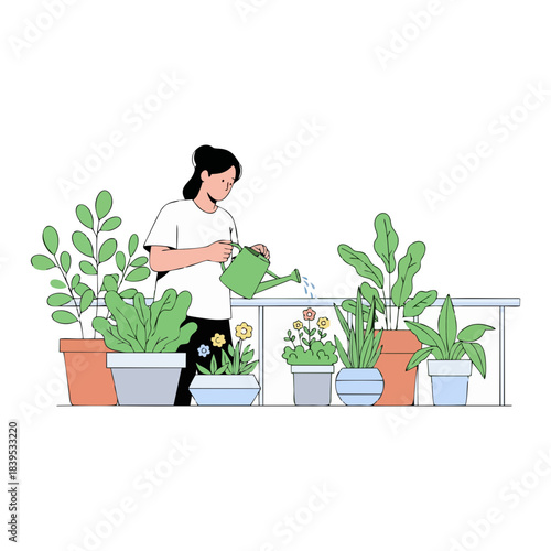 Caring for a vibrant urban garden an illustration of a woman watering various potted plants on her sunny balcony, embodying sustainable living and the joy of a green hobby