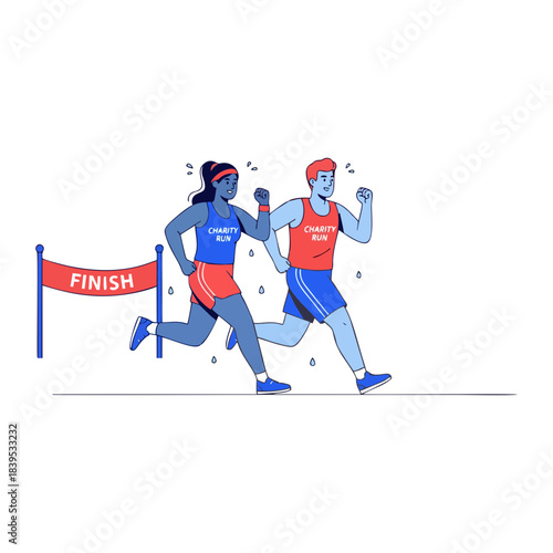 Dynamic flat illustration depicting male and female athletes in a thrilling footrace, pushing limits towards the finish line to symbolize victory and active lifestyles