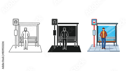 Illustration of a man waiting at a bus stop in three styles outline, silhouette and colored