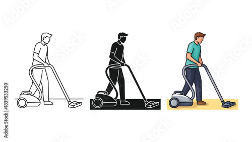 Illustration of a man vacuuming in three styles outline, silhouette and colored