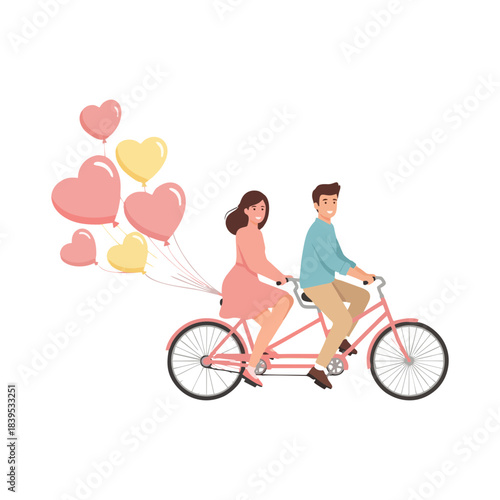 Joyful couple on a romantic tandem bike ride, celebrating love and togetherness with heart balloons trailing behind them, depicting happiness and companionship