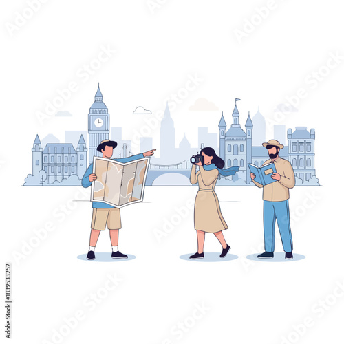 Tourists exploring a city with maps and cameras, capturing memories of landmarks and architecture