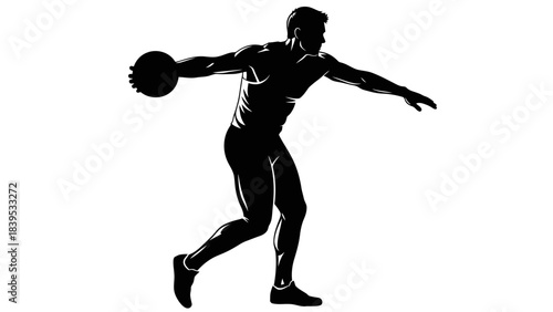 Silhouette of a male athlete in the process of throwing a discus during a sporting event.