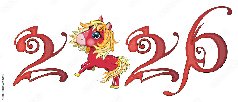 Fototapeta premium A banner for Chinese New Year 2026, combining an image of a horse and the number 2026, done in a cartoon style, the year of the horse.