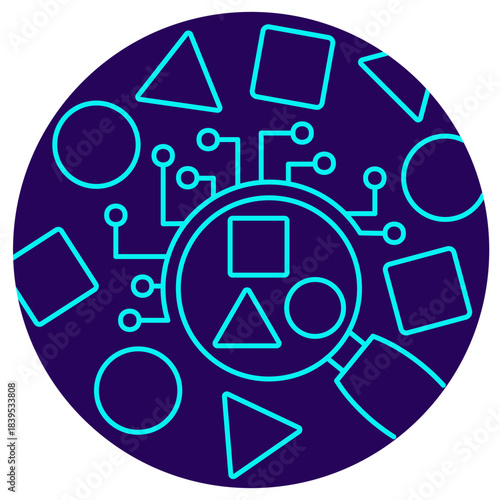 AI Pattern Recognition icon. Vector thin line illustration on a round dark blue background. Symbolizes the intelligent analysis and classification of complex data or visual objects (geometric shapes)