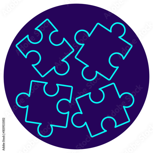 Problem Challenge Icon. Minimalistic neon outline on a dark blue round background. A stylish vector illustration of four separate puzzle pieces, symbolizing complex tasks, fragmented data