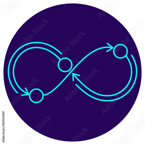 Continuous Improvement Icon. Minimalistic neon outline on a dark blue round background. A stylish vector illustration of an infinity loop with arrows, symbolizing endless process flow, self-learning