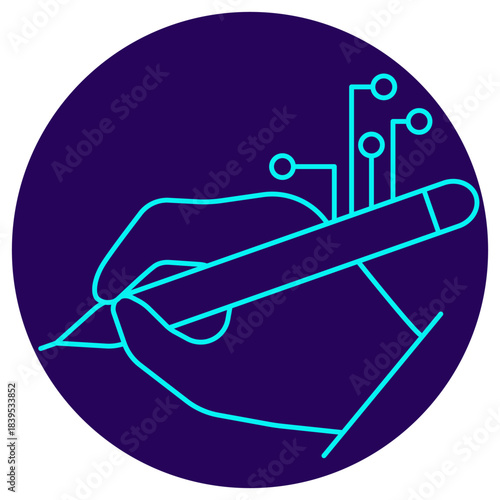 AI Handwriting Recognition Icon. Minimalistic neon outline on a dark blue round background. Vector illustration of a hand writing with a stylus connected to a digital circuit symbolizing AI data input