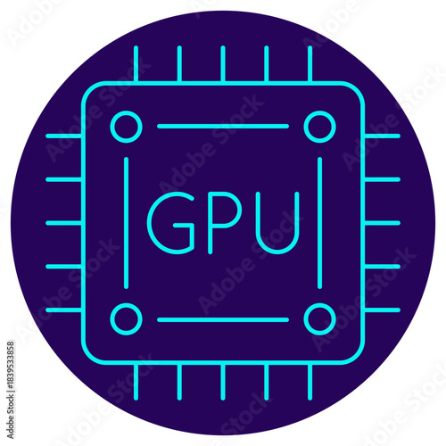 GPU Chip Icon. Minimalistic neon outline on a dark blue round background. A stylish vector illustration of a graphics processing unit, symbolizing computing power, high performance