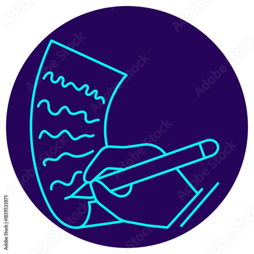 Content Creation Icon. Minimalistic neon outline on a dark blue round background. Stylish vector illustration of a hand writing on a paper sheet, symbolizing copywriting, note taking and manual input