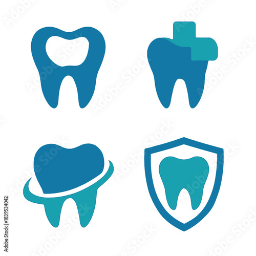 Modern blue and teal vector dental logos for tooth care, ideal for health clinic branding, emphasizing protection and professional oral dentistry services.