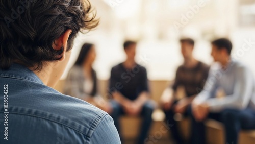 A young Caucasian male with curly hair sits in the foreground, looking at a group of four diverse teenagers engaged in conversation. The scene conveys feelings of isolation and anxiety.
