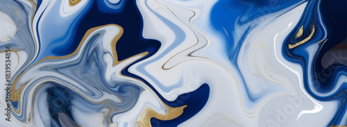 Abstract fluid art with swirling blue white and gold colors