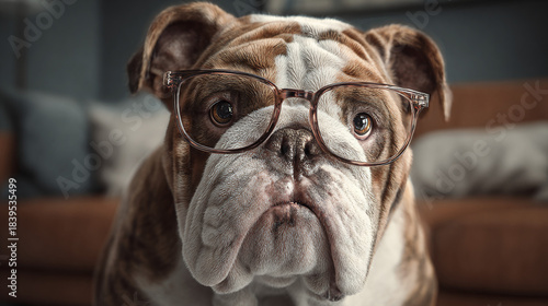 A wise bulldog wearing glasses looks into the camera, ready to learn. The dog appears intelligent and approachable.