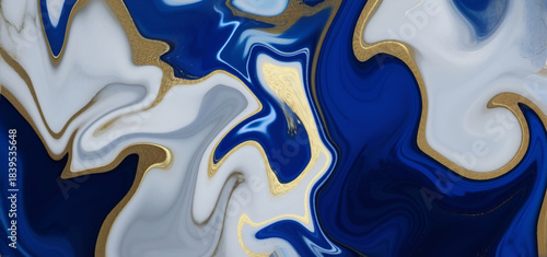 Abstract fluid art with swirling blue white and gold colors