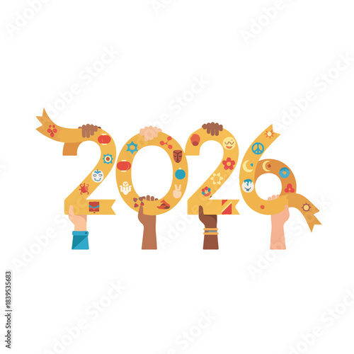 2026 Diversity Unity Banner - Multicultural Hands Holding Peace and Culture Symbols New Year Illustration