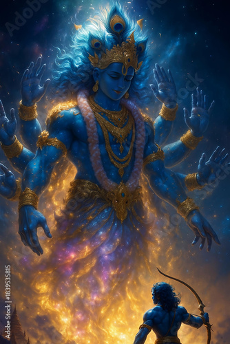 Lord Krishna Cosmic Form with Arjun in Epic Vision
