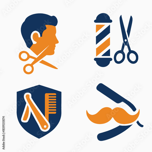 Professional barbershop and grooming vector icons set, featuring classic haircut and salon tools in a modern blue and orange flat design style, perfect for branding.
