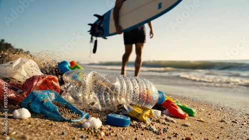 Man Walks Past Polluted Beach With Plastic Trash Washed Ashore And Surfboard Under Clear Blue Sky At Sunset
