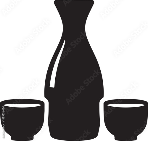 Black and white illustration of a sake bottle and two cups, Japanese drinkware