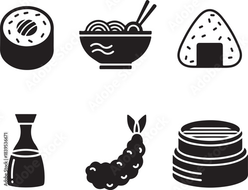 Japanese Food Icons: Sushi, Ramen, Onigiri, Tempura, Soy Sauce, and Mochi