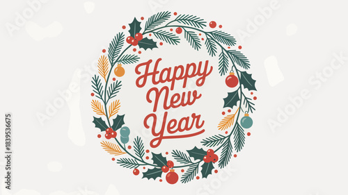A festive wreath with the words "Happy New Year" in the center, adorned with holly and berries, perfect for holiday greetings.