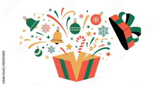 A festive illustration of an open Christmas gift box with holiday ornaments, bells, snowflakes, and confetti bursting out, on a white background.