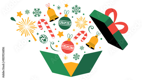An open green gift box with a red ribbon, overflowing with festive Christmas decorations like candy canes, bells, ornaments, snowflakes, and stars.