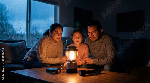 Latino family with daughter huddles around a lantern light during a stormy power outage at home in their dark living room.