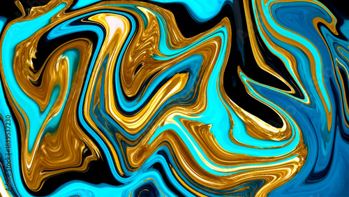 Abstract fluid art with swirling patterns of blue and gold colors