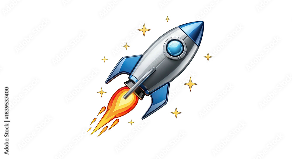 Fototapeta premium Metallic rocket launching upward with fiery exhaust and twinkling stars