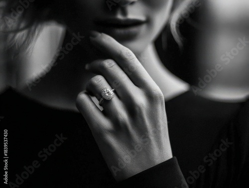 Close up of a thoughtful woman gazing with diamond ring on finger in black and white.