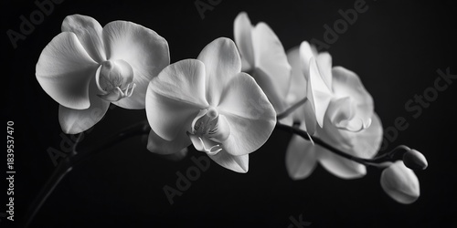 Elegant Black and White Orchid Blooms on Dark Background with Cinematic Lighting and Fine Detail