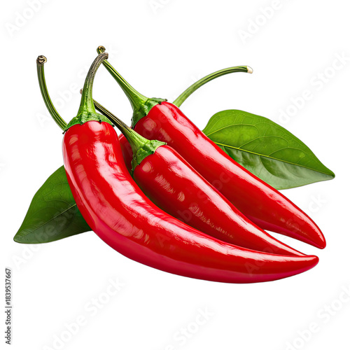 Three vibrant red chili peppers with green leaves set against a stark black background.
