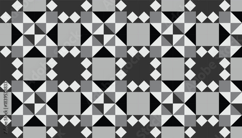 A bold grayscale geometric pattern featuring interlocking square and triangular motifs. Its rhythmic symmetry and high-contrast design
