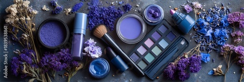 Conceptual flat lay of vibrant purple and blue makeup products, brushes, and dried flowers on a dark textured background, showcasing beauty and cosmetic artistry with stunning detail.