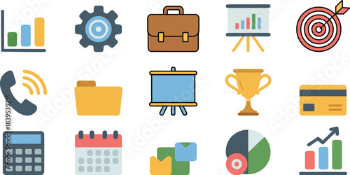 Business and finance icons including charts and briefcase
