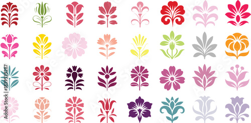 Stylized floral vector graphics in various colors